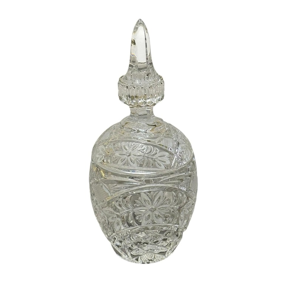 Vintage Cut Glass Vanity Jar With Lid Crystal Floral Pattern Trinket Powder Box